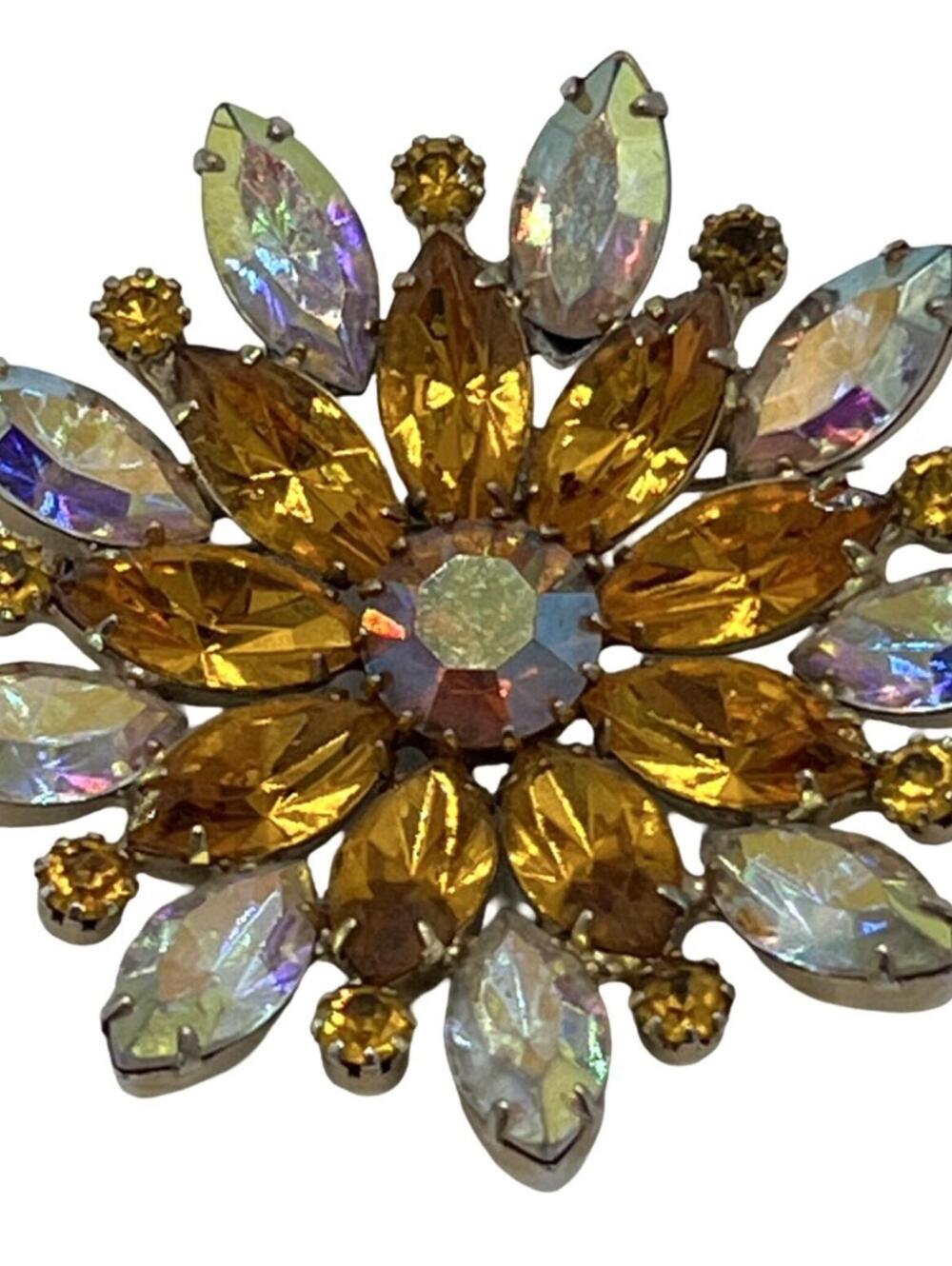 Vintage Goldtone Aurora Borealis Rhinestone Flower Brooch
